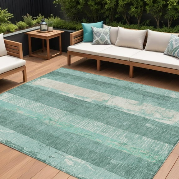 HomeRoots 617852 9 x 12 ft. Pale Aqua & Teal Blue Striped Washable Indoor & Outdoor Rectangle Area Rug