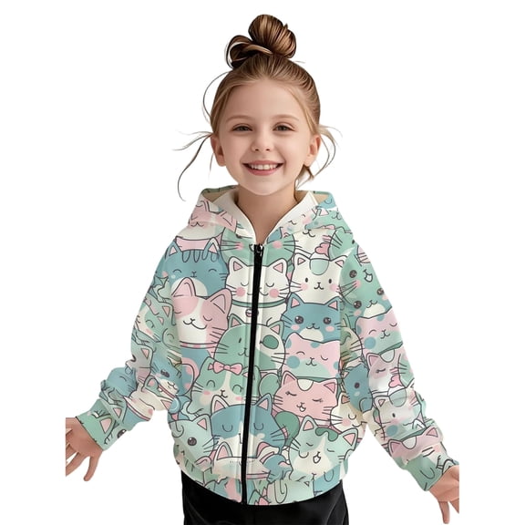 oqasdz Girls Zip Up Hoodie Cartoon Cat Print Long Sleeve Full Zipper Hooded Sweatshirts for Kids Child Fashion Outerwear Jackets Casual School