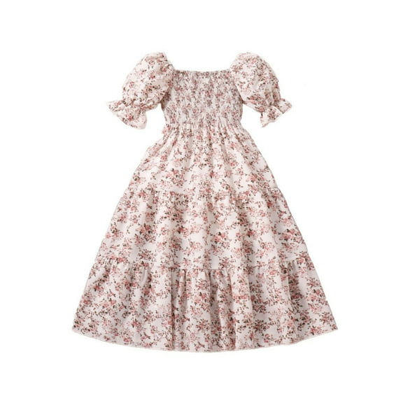 Mercatoo Kid Girls Flower Print A-Line Dresses Bubble Sleeves Square Neck 𝐒mocked Dress Summer Casual Princess Dress