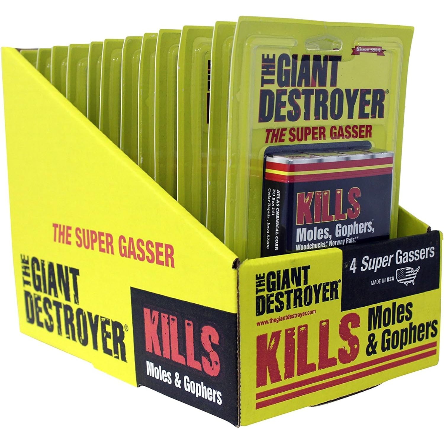 The Giant Destroyer (GAS KILLER) (12/4PK TOTAL) 48 kills Moles, Gophers, Woodchucks, Norway Rats, Skunks, Ground Squirrels in their Holes, Tunnels, Burrows. NO dealing w/ dead pest, better than traps