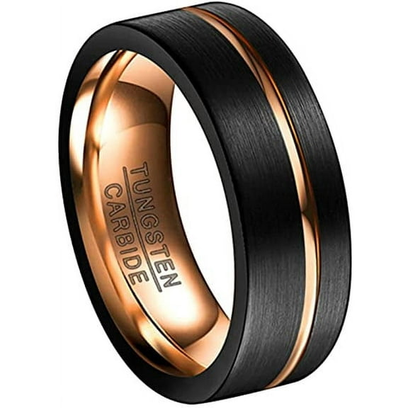 8mm Black Rose Gold Tungsten Rings for Men Two-Tone Wedding Engagement Bands with Groove Brushed Finish