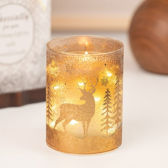 Christmas Candle Holder, Elk Cedar Glass Tealight Candle Holder with LED Light for Table, LED Candle Holder Battery Powered for Table Centerpieces Wedding Party Christmas Home Decor