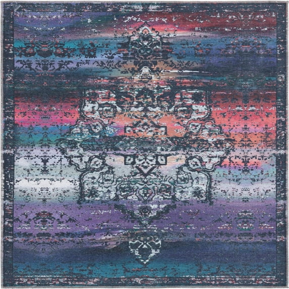 Rugs.com Francesca Collection Washable Rug – 5 Ft Square Multi Blue Flatweave Rug Perfect For Living Rooms, Kitchens, Entryways