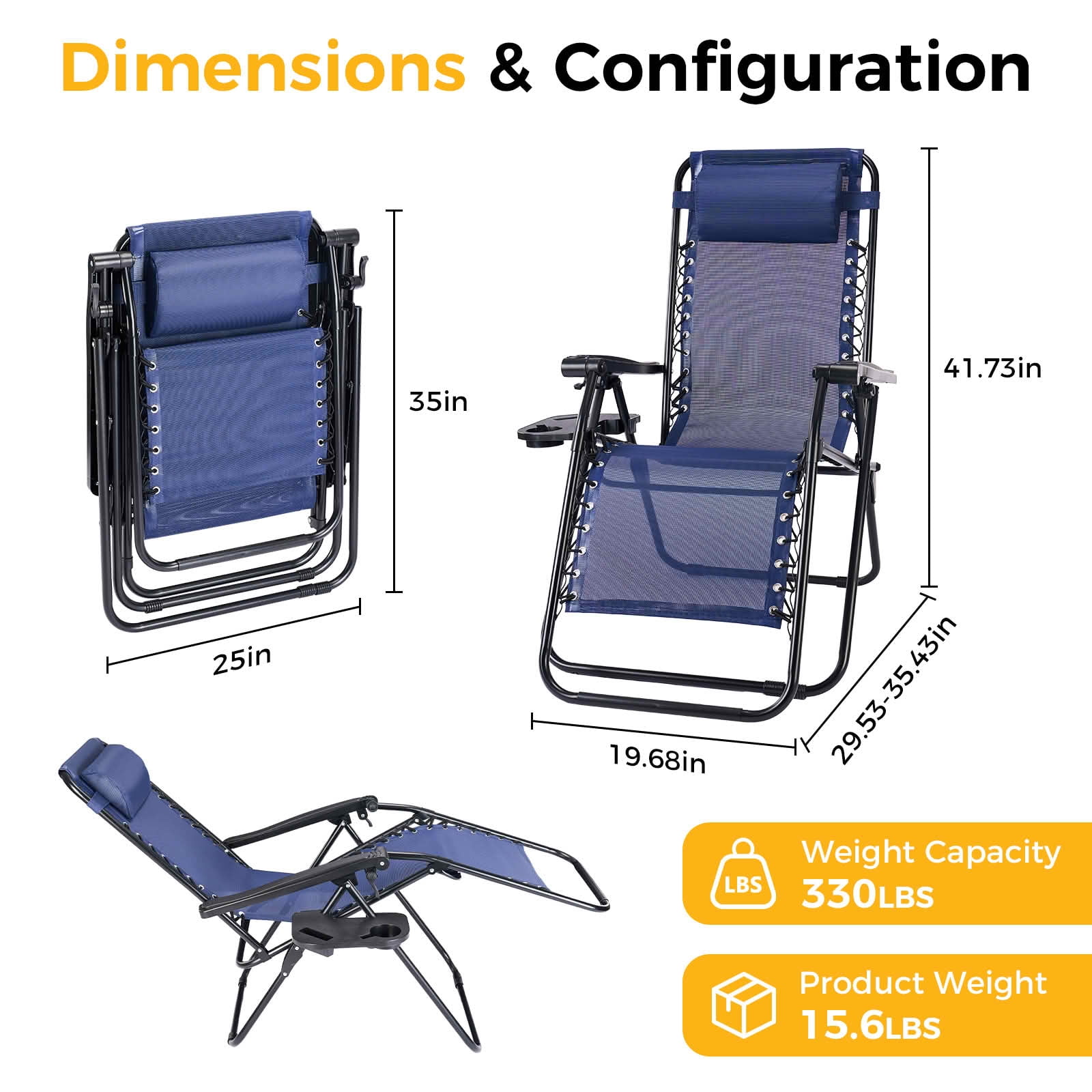 MAYEERTY Set of 2 Zero Gravity Patio Lounge Chairs, Adjustable Alloy Steel Foldable Outdoor Recliners with Pillow Cup Holder Side Tray for Beach Pool Lawn, Holds 300 LBS