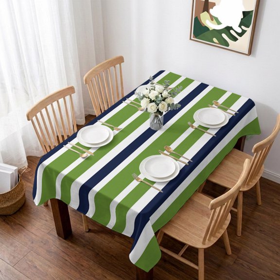 Green Navy Blue Striped Table Cloth Waterproof Tablecloths, Modern White Abstract Art Aesthetics Tablecloth Dining Table Cover for Kitchen Party Tabletop Outdoor, Rectangle Tablecloth 52x70 Inch