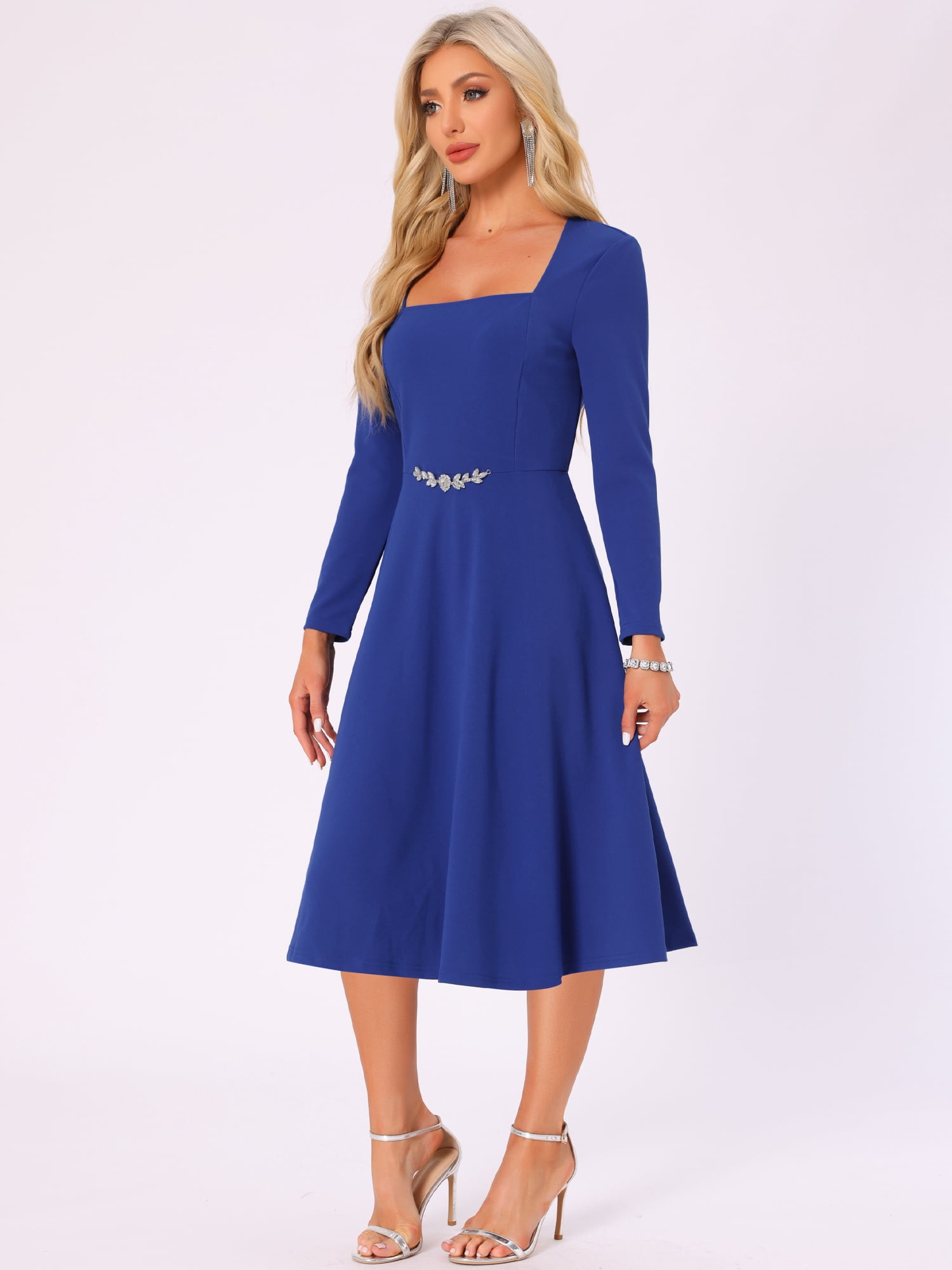 DARING DIVA Long Sleeve Square Neck High Waist Midi Dress L Royal Blue