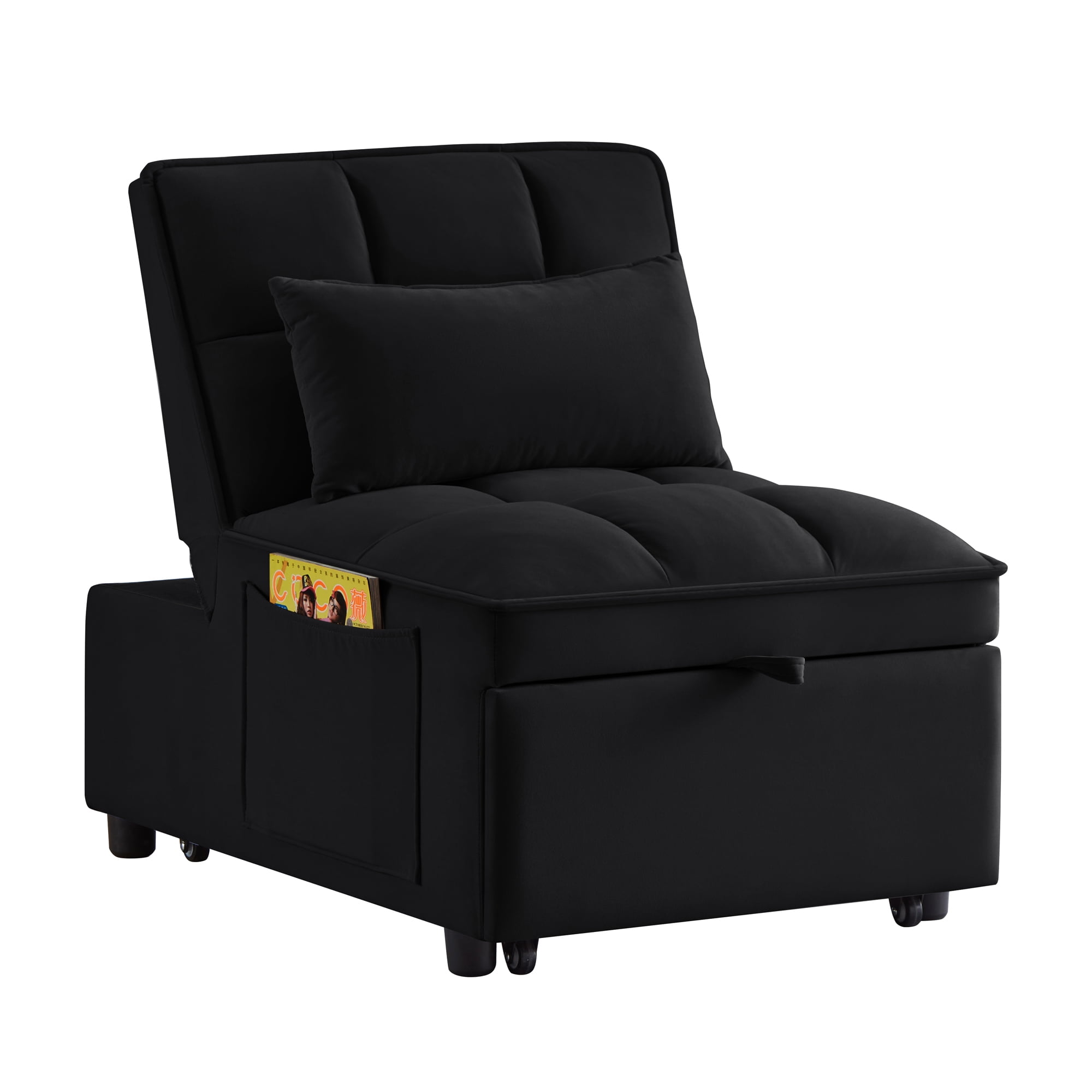 Miniyam 4 in 1 Tufted Single Sofa Bed with Storage Pockets, Convertible Chaise Lounge, Black
