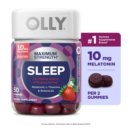OLLY Maximum Strength Sleep Gummy Supplement, 10 mg Melatonin, L-Theanine, Strawberry Flavored, 50 Count