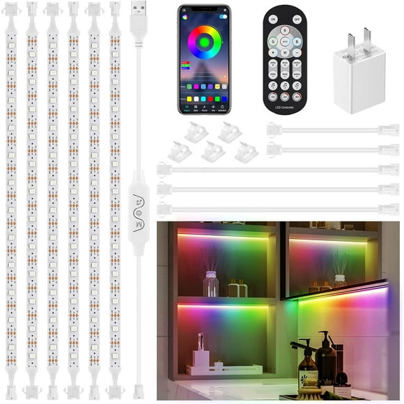 TEMOGU-6 Pcs Under Cabinet Lights Kit,Music Sync Color Changing LED Lights with App & RF Remote,Dimmable Flexible Cabinet Lights,5V USB Under Cabinet LED Lighting for Counter Shelf Bookcase TV Back(6