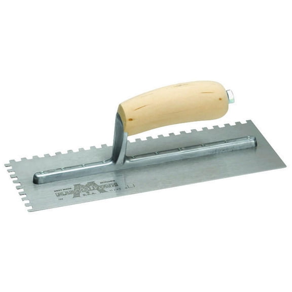 Marshalltown 702S Trowel, 11 in L, 4-1/2 in W, Square Notch, 1/4 in W x 1/4 in D Notch