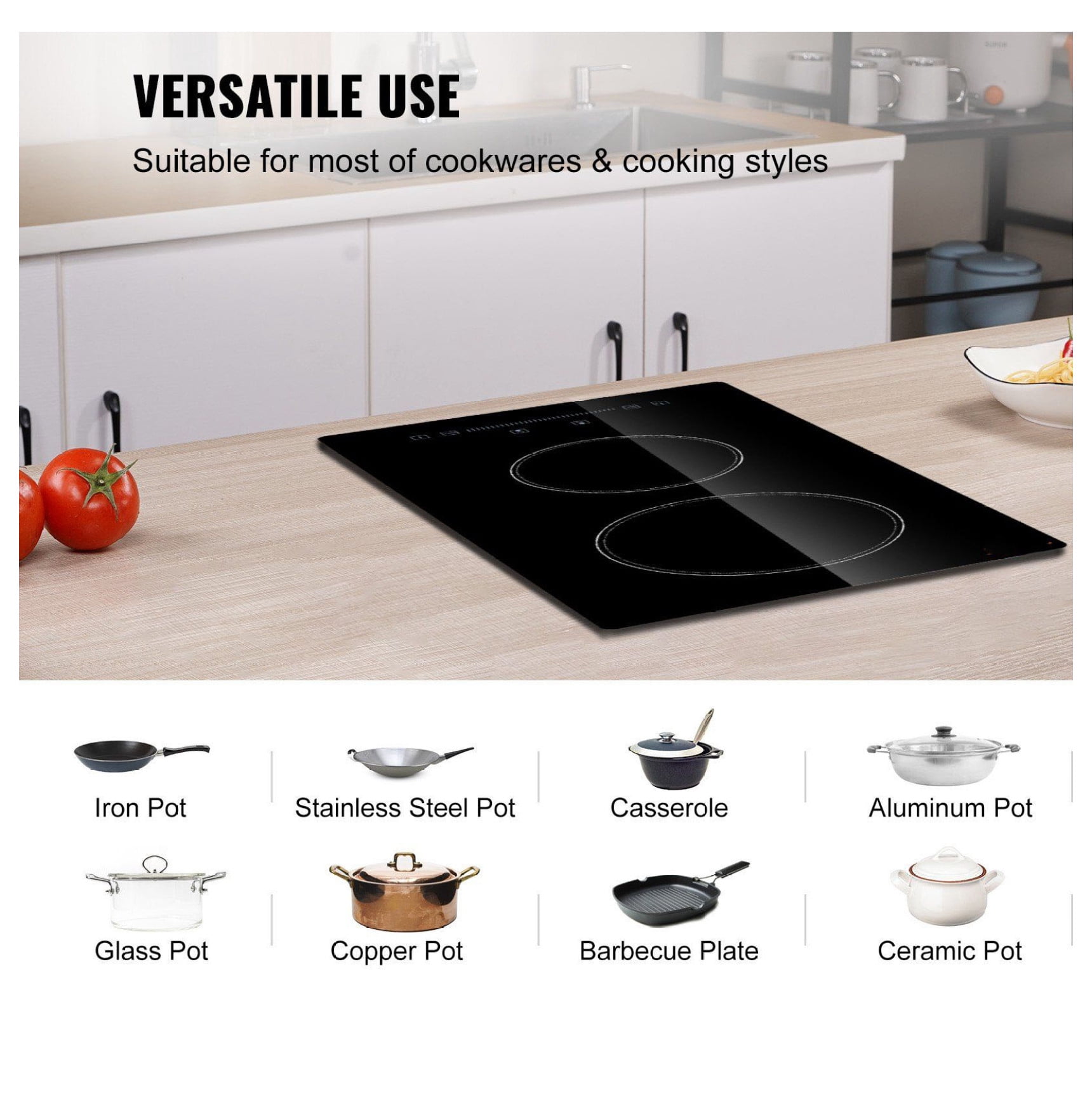 Electric Stove Top 2 Burner, 20x11.6 inch 110V Built-in Radiant Cooktop, Sensor Touch Control, Timer, Child Lock, 9 Power Levels for Boiling, Simmering, Frying