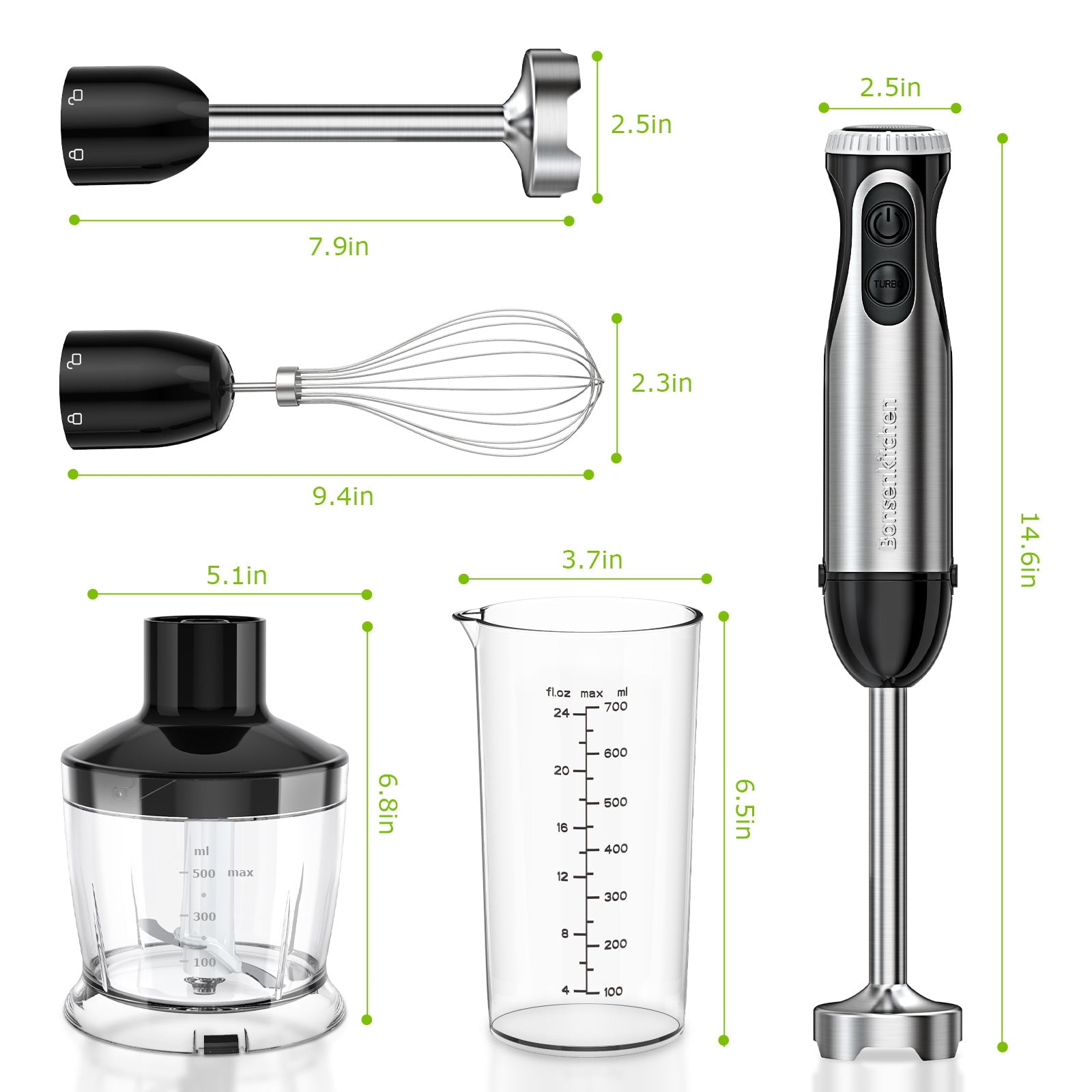  Immersion Hand Blender, Bonsenkitchen Stainless Steel Handheld  blender, 9-Speed and Turbo, 5-In-1 Hand mixer with Whisk,700ml Mixing  Beaker & 500ml Chopper Bowl, Wall-Hooker for Smoothies, Puree: Home &  Kitchen