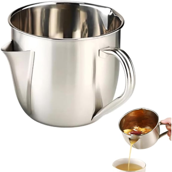 304 Stainless Steel Fat Separator with Dual Spout Design, 1000ml/6-Cup Gravy Grease Strainer Cup, Cool-Touch Handle Oil Separator for Broth Soup Stew Hot Pot, 1 Pack
