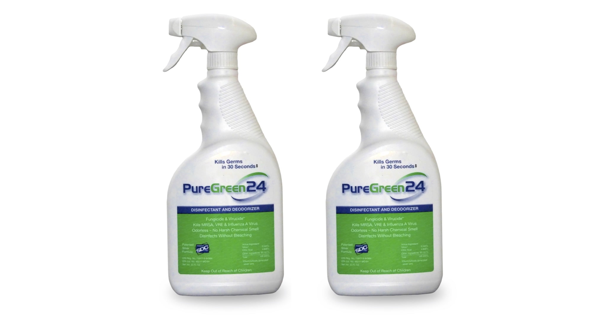 PureGreen24 (32oz 2 Pack) Disinfectant, Kills Deadly Germs Without The