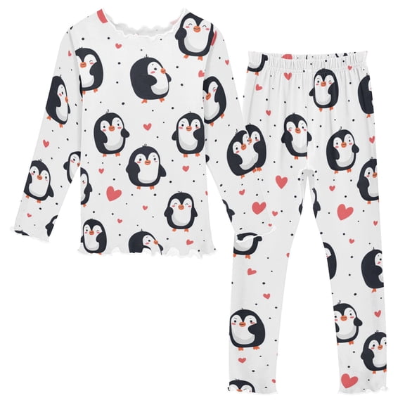 Girls Pajama Set with Long Sleeve Shirt and Pants Soft Thermal Sleepwear Cartoon Penguin Pattern 2T