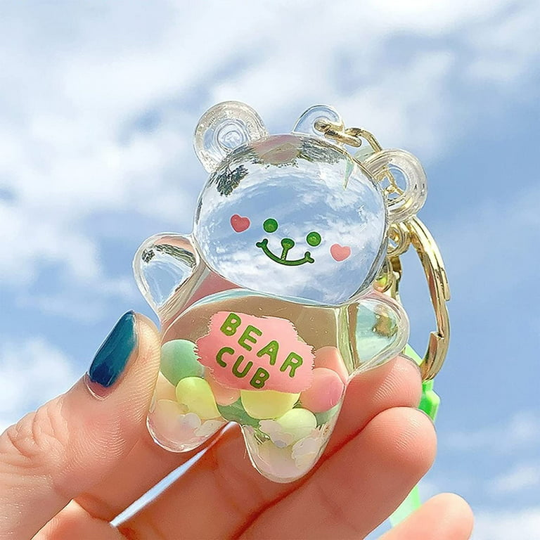 HANRU Keychain Bear Liquid Floating Quicksand Cute Keychains Bag Charm  Wristlet Bracelet Key Ring for Women Girl 