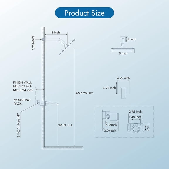 Wall Mounted Brushed Nickel Rain Shower System with 8 Inch Square Stainless Steel Rainfall Showerhead