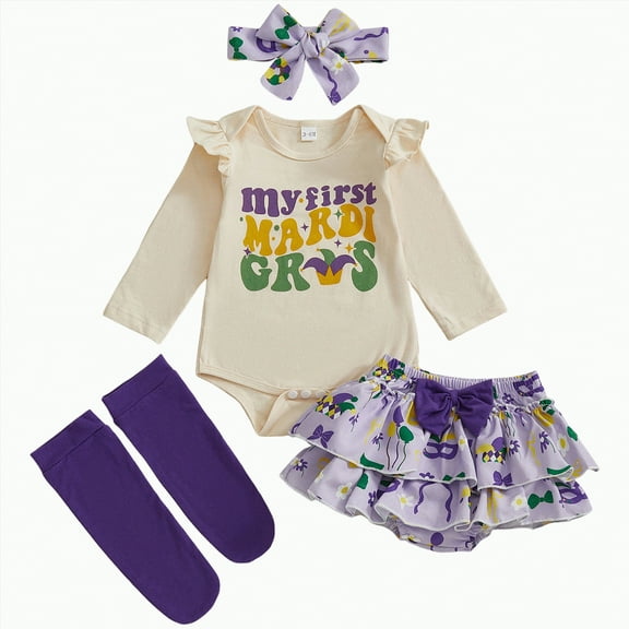REgarm Newborn Baby Girl Mardi Gras Clothes Infant Ruffle Long Sleeve Romper Tutu Skirt Leg Warmers Headband Set (Beige,3-6 Months)