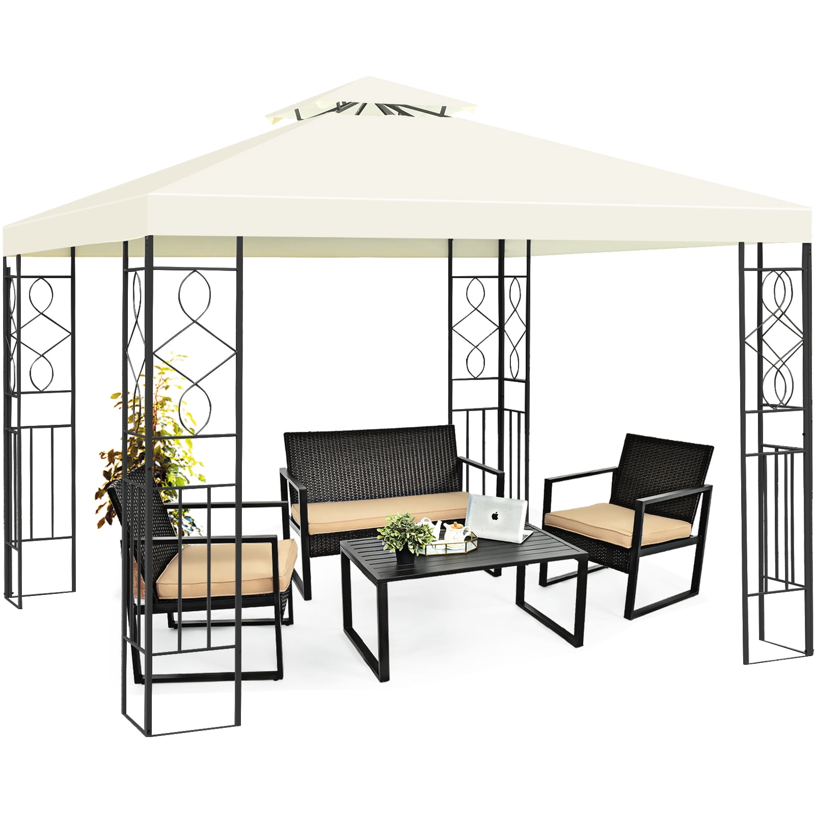 Topbuy 2-Tiers 10'x10'Outdoor Canopy Gazebo Art Steel Frame Party Patio Large Canopy Gazebo