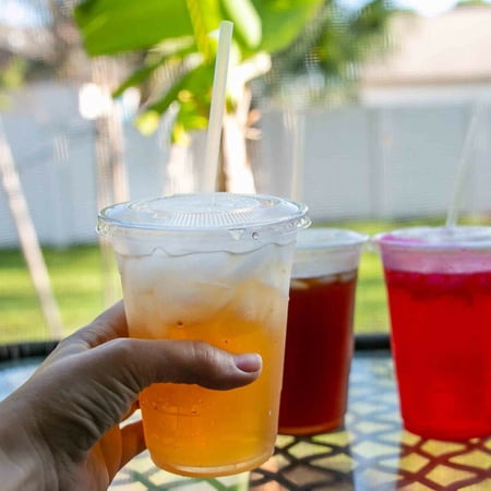 [100 Sets}-Disposable Clear Plastic to go Cups with Flat Lids and Straws