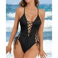 thumbnail image 2 of SMZ Women Sexy Lace Up One Piece Swimsuit Deep Plunge V Neck High Cut Bathing Suits, 2 of 5