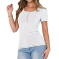 thumbnail image 3 of Women'S Spring Summer Short Sleeve Tops Ribbed Knit Henley Button Up Slim Fit Basic Casual T Shirts Blouse White M, 3 of 9