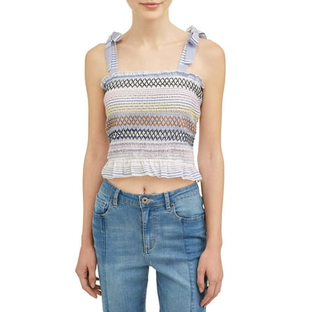 Smocked Woven Shirt - Juniors' Rainbow Smocked Tie Shoulder Strap Crop Top