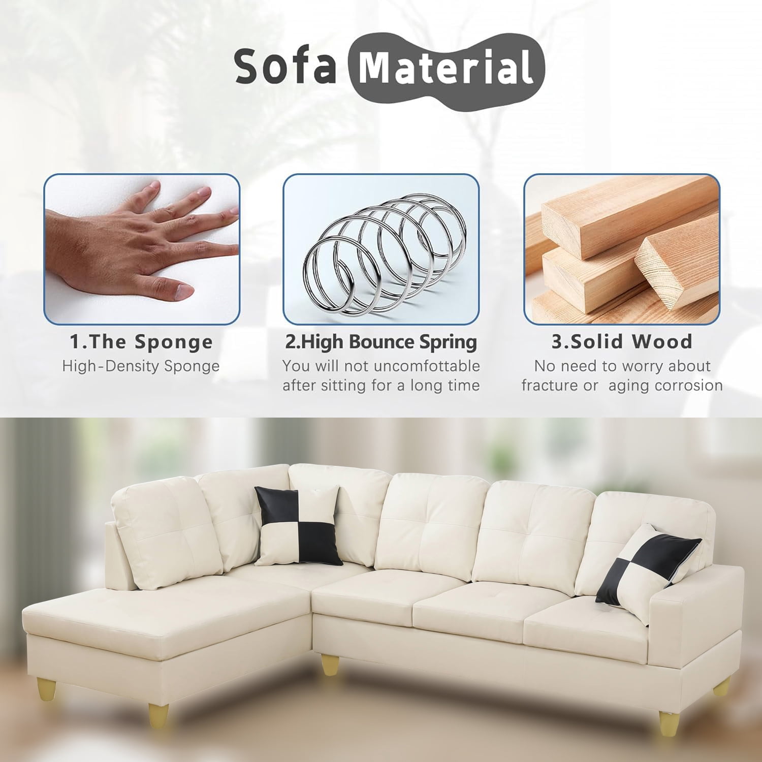 Sectional Couch for Living Room Furniture Sets, Faux Leather L Shape Living Room Sofa with Chaise 2 Piece Using for Apartment, Office, Bedrooms, White (Facing Left Chaise)