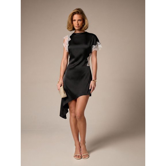 Black And White Lace-Trimmed Asymmetric Mini Dress With Short Sleeves For Evening Party Wedding Guest
