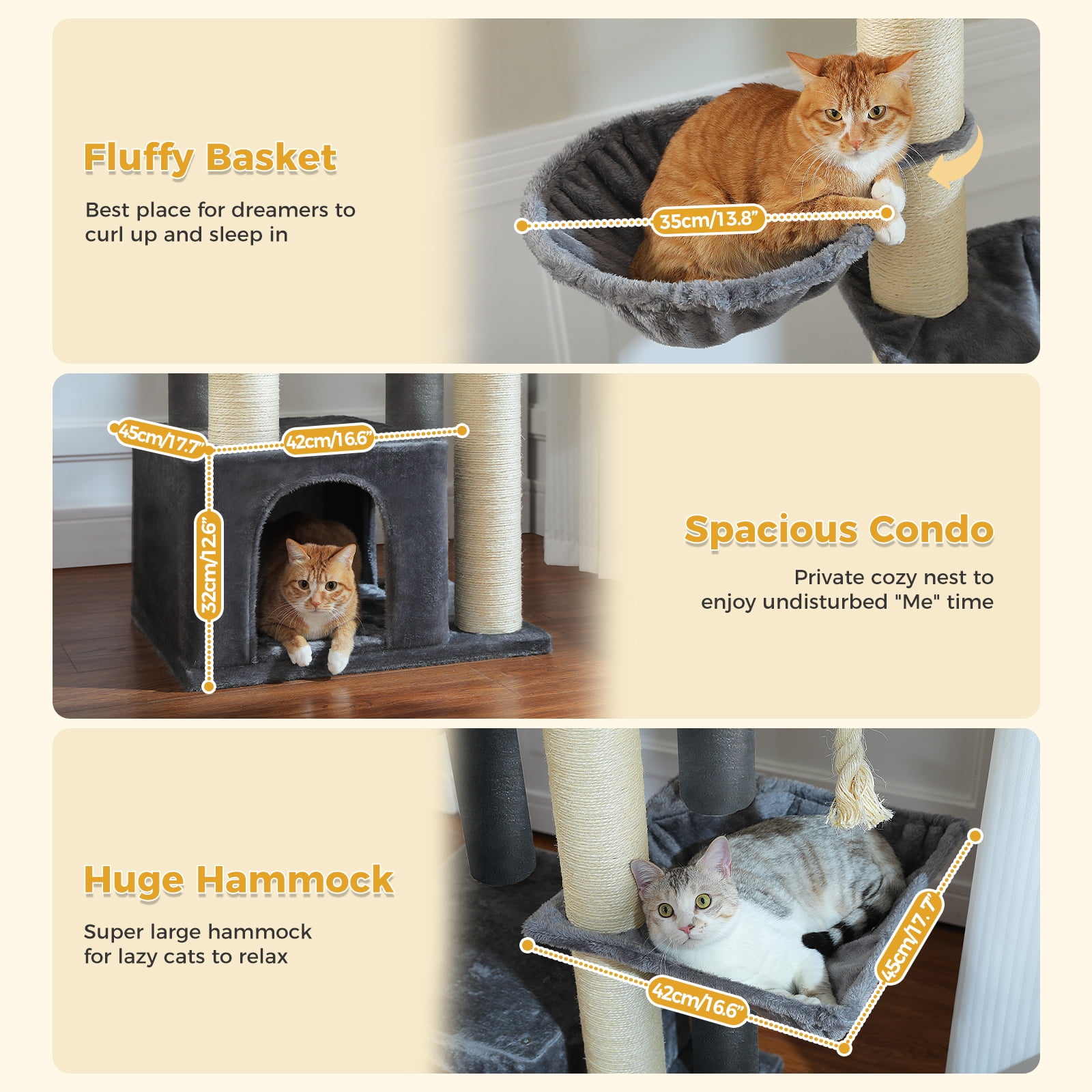 PEQULTI 67" Maine Coon Cat Tree Large Cat Tower for Indoor Cats with 8 Thick Scratching Post Gray