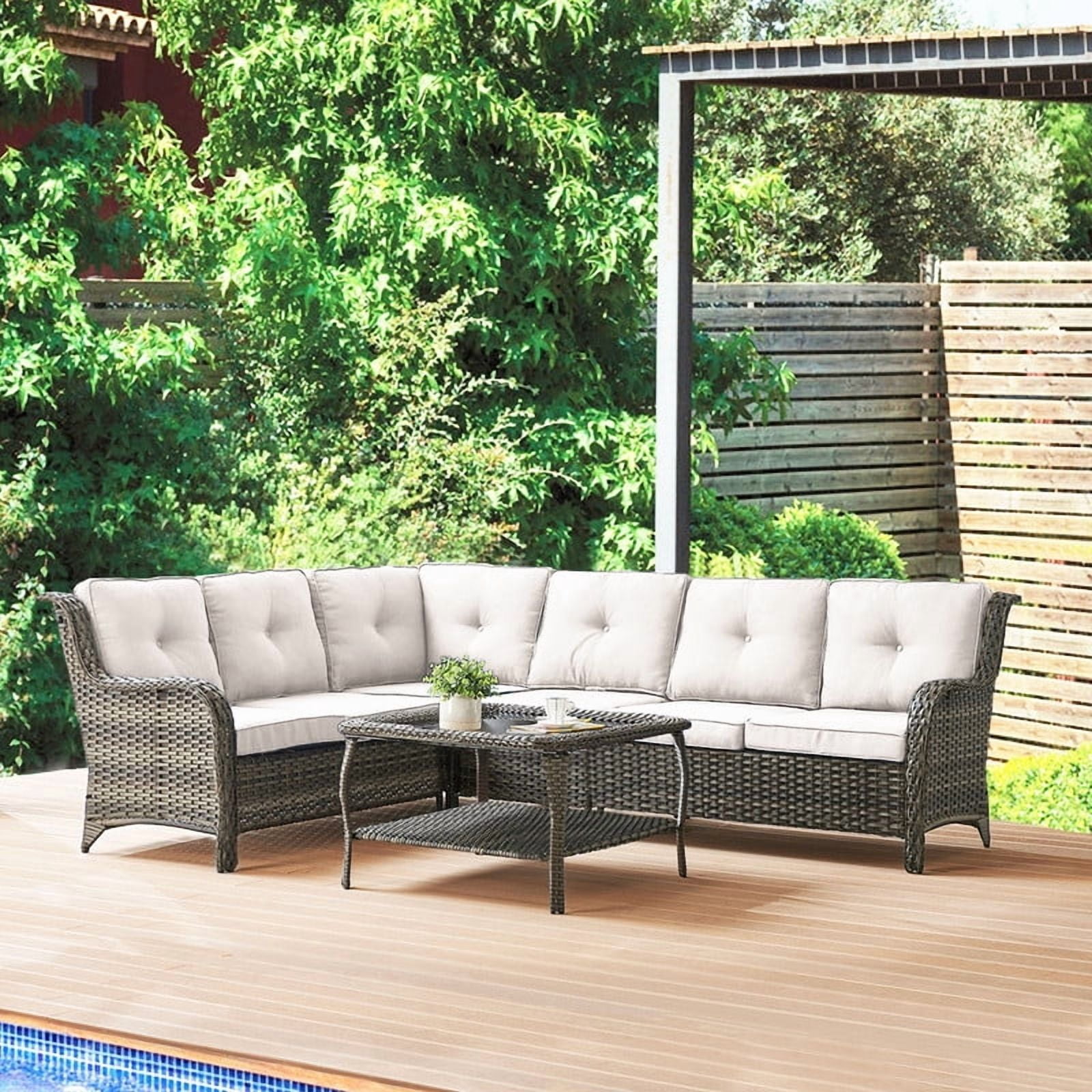 PARKWELL Outdoor Patio Furniture Set,All-Weather Conversation L-Shaped Sectional Sofa with Coffee Table and No-slip Thick Cushions,Backyard Porch Garden Poolside Balcony Set,Gray/Beige