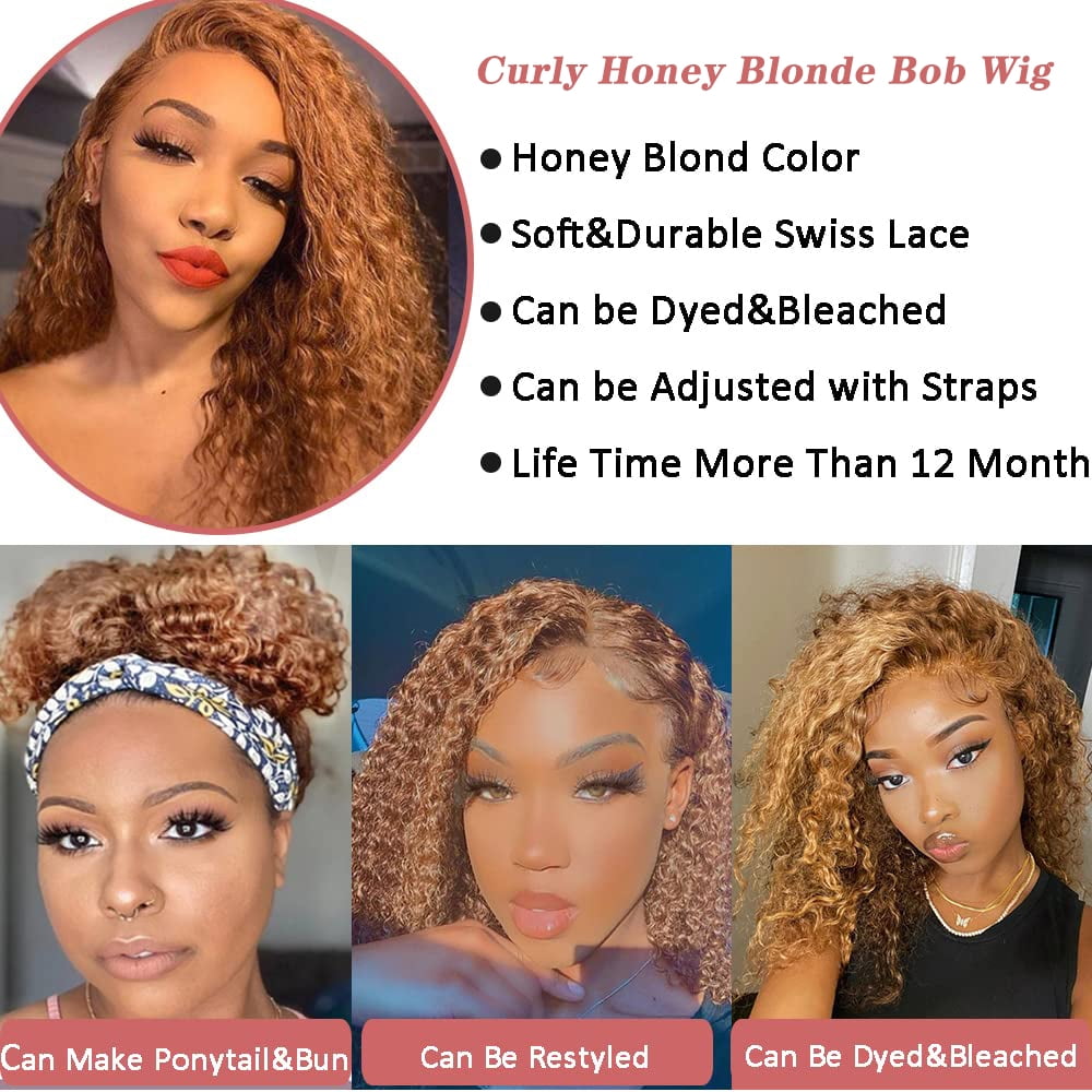 SUCS Short Curly Honey Blonde Bob Wig Lace Front Human Hair Wigs For Women Light Brown