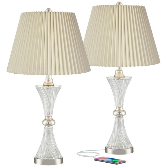 Regency Hill Luca Modern Table Lamps 25 1/2" High Set of 2 Twisted Glass with USB Charging Port Ivory Pleat Drum Shade for Bedroom Living Room Desk