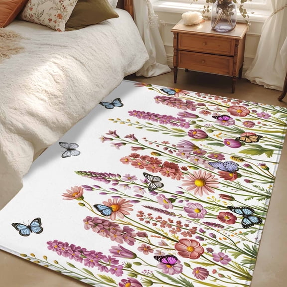 Area Rug for Living Room, Spring Floral Non-Slip Indoor Large Carpet for Bedroom/Dining Room, Watercolor Lavender Daisy Butterflies Botanical Washable Low-Profile Floor Mat Runner Rugs - 2.7 x 5 Ft