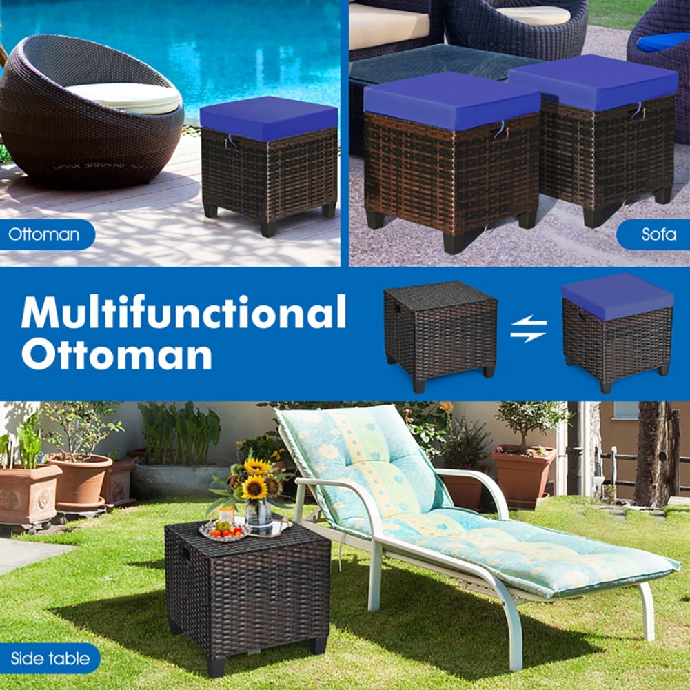 Aimee Lii 2 Pieces Patio Rattan Ottoman Set with Removable Cushions, Outdoor Patio Furniture Set, Navy