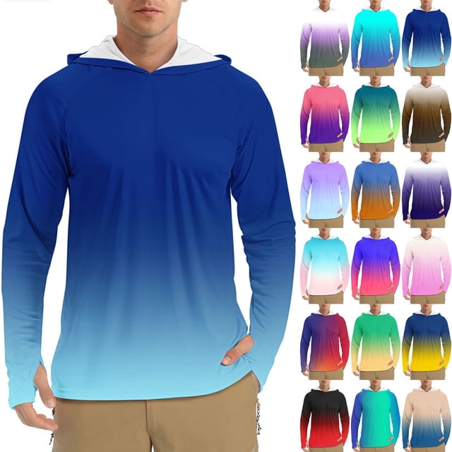 Txeol Men's Sun Protection Long Sleeve Hoodies Outdoor Rash Guard Fishing Shirts Gradient Color Athletic Pullover with Thumb Hole Weekly Sale,Watermelon Red,XXL