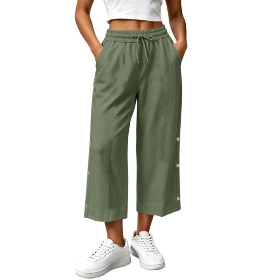 Lmueinov 2026 Women's Drawstring Elastic High Waist Cotton Linen Cropped Wide Leg Pants, Side Button Decor Loose Capri Casual Trousers Summer Daily Vacation Wear S-XXL