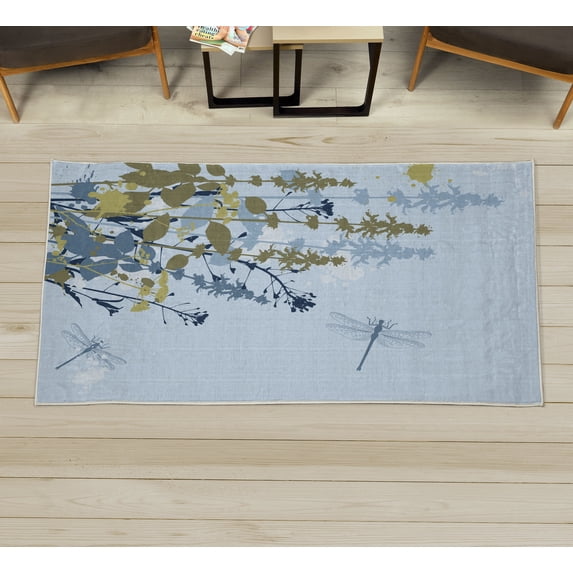 Dragonfly Decorative Rug, Nature Plants Grass with Wildflowers with Paintbrush Effects Print Art, Quality Carpet for Bedroom Dorm and Living Room, 6 Sizes, Army Green, by Ambesonne