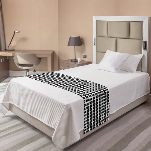 Crazy Art Bed Runner, Contemporary Illustration of Abstract Symmetric Shapes Overlapping, Decorative Accent Bedding Scarf for Hotels Homes and Guestrooms, Twin, Charcoal Grey and White, by Ambesonne