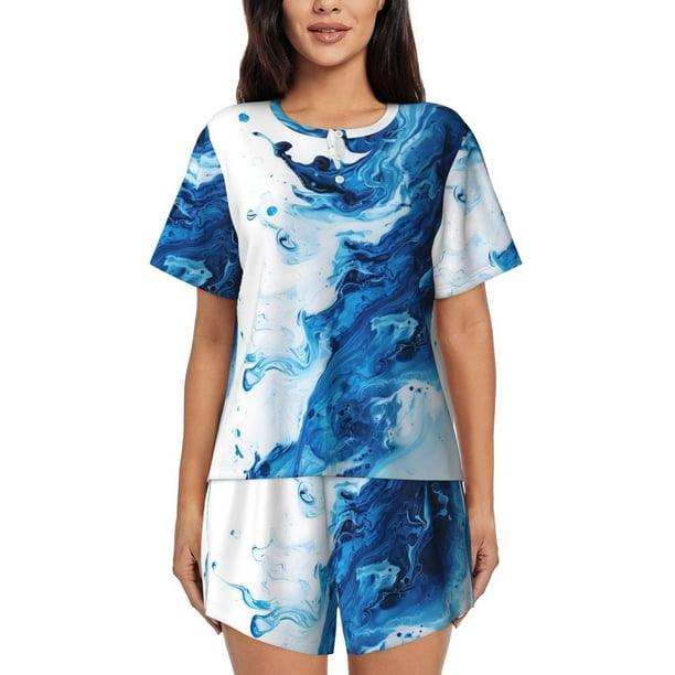 Fotbe Blue White Fluid Art Conjunto de Pijama Estampado para Mujer, 2 Piezas, Ropa de Dormir con Camiseta de Manga Corta y Shorts Suaves-Medium