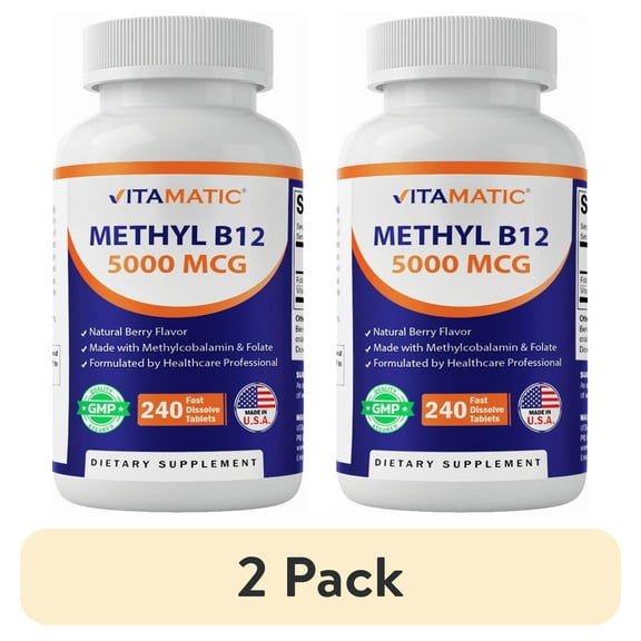 (2 pack) Vitamatic Methyl B12 5000 mcg with Folic Acid – Natural Berry Flavor – 240 Fast Dissolve Tablets – Methylcobalamin Vitamin B12 for Energy & Nervous System Support – Vegan & Non-GMO Supplement