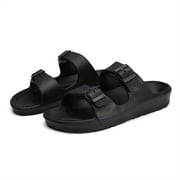 Outdoor indoor Women's Comfort Slides Double Buckle Adjustable Flat Sandals (Black, 38)