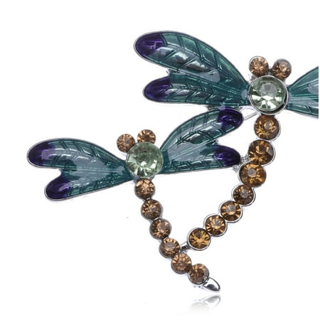 Brown Silver Brooch - Silver Tone Light Brown Rhinestones Blue Green Two Dragonfly Brooch Pin