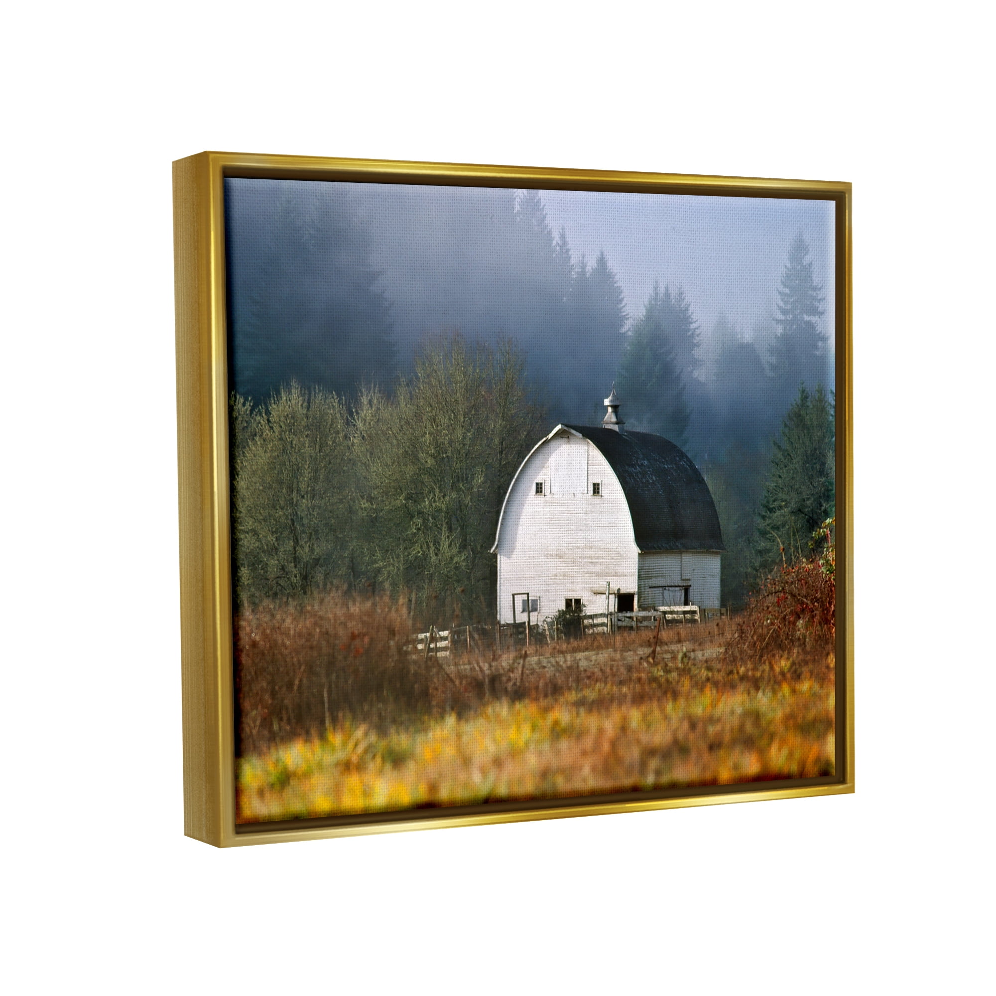 Stupell Industries White Barn Woodland Clearing Landscape Photography Gold Floater Framed Art Print Wall Art