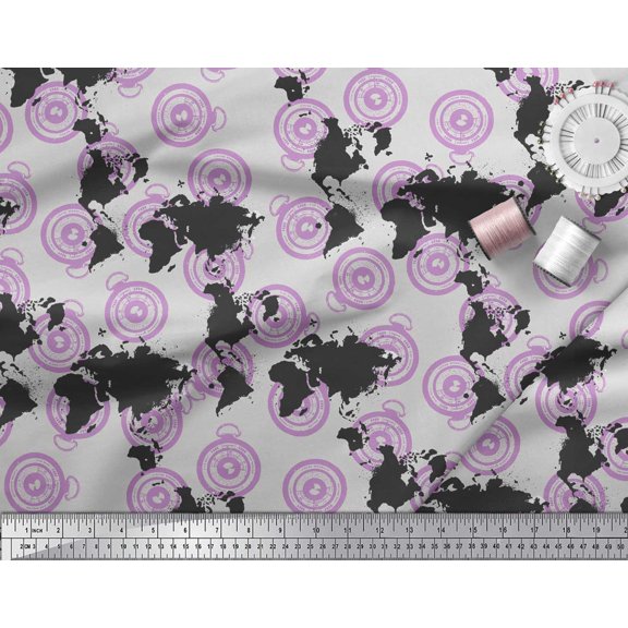 Soimoi Poly Georgette Fabric Direction Compass & World Map Print Fabric by the Yard 42 Inch Wide