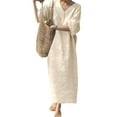 thumbnail image 3 of Usmixi Womens Dresses Beach Casual Loose Comfy Cotton Linen Long Sundress Fashion Solid V-Neck 3/4 Sleeve Maxi Summer Dress Khaki s, 3 of 6