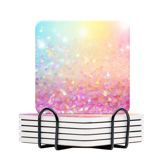 BaHomeck Drink Coasters Set Of 6 With Holder Colorful Pastel Glitter Background With Bokeh And Sparkles Water Absorbent Ceramic Coasters Tabletop Protection,Suitable For Various Cup,Home Decor