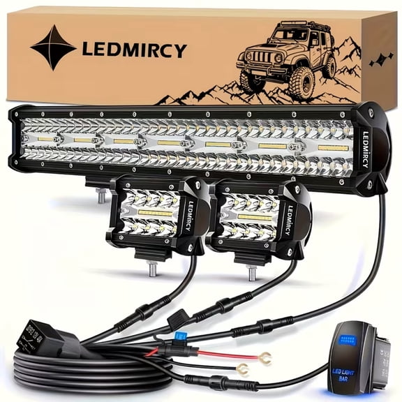 LEDMIRCY 20 inch LED Light Bar and 2PCS 4 inch Pods Kit with 3-Leads Wiring Harness Rocker Switch for Pickup Utv Truck Tractor Boat