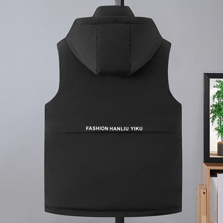 Stamzod Mens Black Vest with Hood Winter Solid Color Oversized