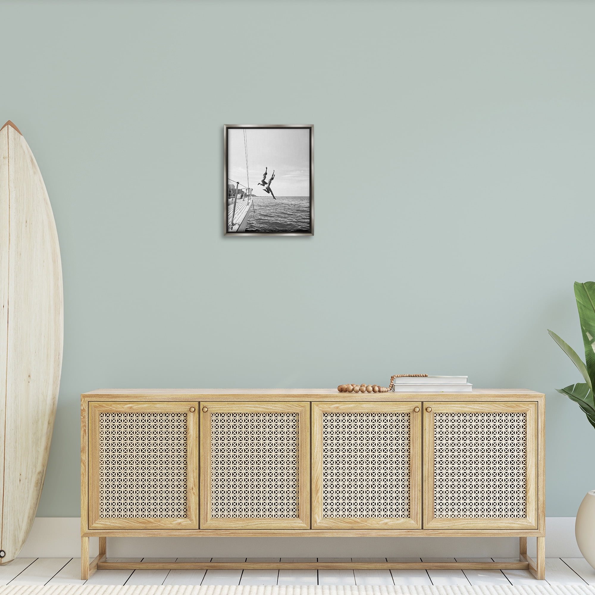 Stupell Industries People Diving from Boat Transportation Photography Gray Floater Framed Canvas Art Print Wall Art, 17 x 21